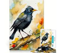 Watercolor Eurasian Blackbird on Branch Jigsaw for Adults1000 Pieces Brain Focus Game Precision Cut Smooth Edges Amusing Challenge for Waiting Time (50x75cm)