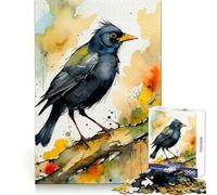 Watercolor Eurasian Blackbird on Branch Jigsaw Puzzles 1000 Piece for Adults Intellectual Fun Calm Distraction Sharp Cut Thoughtful Gift (50x75cm)