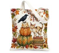 Watercolor Fall Devon Rex Cat Canvas Tote Bag for Shopping 13x15, Autumn Pumpkin Book Reusable Grocery Print Pattern Bag for Women, Cool Aesthetic Painting Gift Decor