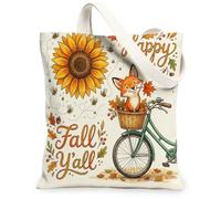Watercolor Fall Fox Canvas Tote Bag for Shopping 13x15, Fun Autumn Bicycle Sunflower Reusable Grocery Print Pattern Bag for Women, Holiday Beach Aesthetic Painting Gift Decor