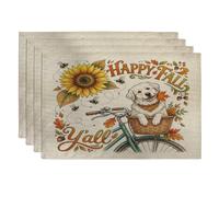 Watercolor Fall Great Pyrenees Dog Placemats Set of 4, 12x18 Inch, Autumn Bicycle Sunflower 4Pcs Table Mats for Dinning, Cool Holiday Home Kitchen Decor