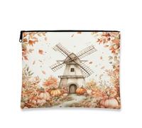 Watercolor Fall Windmills Makeup Bag, Autumn Pumpkins Leaf Cosmetic Travel Pouch for Women, Portable Small Canvas Zipper Organizer, Farmhouse Toiletry Bag 7x9 Inch