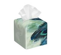 Watercolor Feather Colorful Peacock Feathers Turquoise Nation Bohemia Square Leather Tissue Box Cover - Premium Decorative Organizer for Bathroom Vanity, Nightstand & Countertop