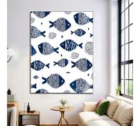 Watercolor Fish Shape Canvas Wall Art for Living Room, 70×100 cm Minimalism Bedroom Wall Art Poster, Blue Pictures Prints Decor for Office Hallway Dining Room Bathroom, No Frame