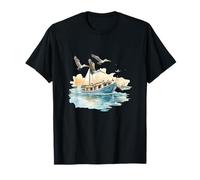 Watercolor Fishing Boat with Seagulls Artwork T-Shirt