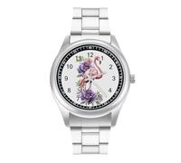 Watercolor Flamingo Peony Flowers Personalized Quartz Watch Stainless Steel Wrist Watches with Arabic Numerals for Men Women
