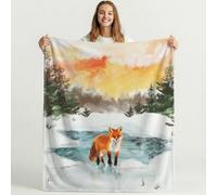 Watercolor Fleece Throw Blanket, Multicolor Peaceful Scenery Fox Decor Nap Blankets Gift Sofa Bed Couch Chair or Dorm Throws 32in × 59in (80cm × 150cm)