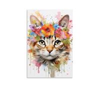 Watercolor Floral Cat Wall Art Prints Brown Kitten With Flower Pictures on Canvas Poster Wall Decor for Bedroom Home Decorations