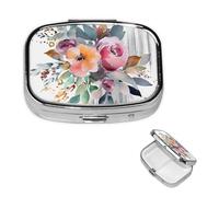 Watercolor Floral Corner Bouquet Pill Box 2 Compartment Square Portable Pill Case for Pocket or Purse Small Weekly Medicine Planner Travel Pillbox with Mirror Decorative Metal Vitamin Holder Gifts