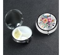 Watercolor Floral Corner Bouquet Pill Box 3 Compartment Round Portable Pill Case for Pocket or Purse Small Weekly Medicine Planner Travel Pillbox with Mirror Decorative Metal Vitamin Holder Gifts