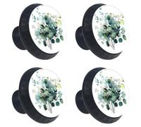 Watercolor Floral Eucalyptus Branches Bouquet Kitchen Cabinet Knobs, Decorative Drawer Dresser Knobs with Screws Pulls Handles Hardware for Home Furniture, 4 Pack