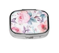 Watercolor Floral Pattern Print Pill Box Square Pill Case 2 Compartment Small Metal Medicine Organizer Portable Travel Pillbox for Pocket Purse Cute Mini Pill Container to Hold Daily Vitamins