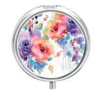Watercolor Floral Pill Box Medicine Pill Organizer 3 Compartment Daily Pill Case Small Pill Container Round Pill Holder Travel Pill Box Metal Pill Case for Purse Pocket