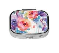 Watercolor Floral Pill Case 2 Compartment Pill Box Portable Metal Pill Organizer Cute Travel Pill Container Vitamin Organizer for Purse Pocket Travel Gift