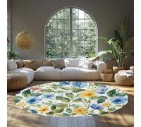 Watercolor Floral Print Large Circle Entryway Rug Indoor Washable Non Slip Low Pile Soft Round Area Rugs for Kitchen Bedroom Bedside Mudroom Blue Yellow Green White 80cm