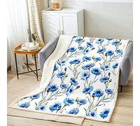 Watercolor Floral Sherpa Blanket Daisy Flower Print Fleece Throw Blanket for Kids Boys Girls Wild Floral Branches Fuzzy Blanket for Sofa Bed Couch Luxury Ink Blue Decor Double 60"x79"