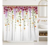 Watercolor Floral Shower Curtain, Violet Green Orange Flower Bathroom Decor, Spring Summer Modern Minimalistic White Fabric Shower Curtain with Hooks 72x84 Inch