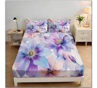 Watercolor Floral Super King Size Fitted Sheet 180x200x30cm, Oil Painting Style Microfiber Fitted Bed Sheets Soft Breathable Bedding with Extra Deep Pocket 30 Cm, Purple