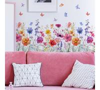 Watercolor Floral Wall Decal, Wildflower Garden with Butterflies, Pink, Purple, Orange, Blue, 90x30 cm, Peel and Stick, Nursery Room Decor