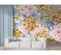 Watercolor Floral Wall Mural, Self-Adhesive Peel & Stick Wallpaper, Patchwork Geometric Design Photo Wallpaper for Living Room & Bedroom (450x315 cm), F-926