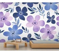 Watercolor Floral Wall Murals Blue Purple Floral Mural Large Flower Leaf Wallpaper Nature Botanical Mural Wallpaper for Living Room Bedroom 500 x 317 cm