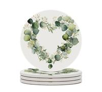 Watercolor Floral Wreath Eucalyptus Leaves Heart Shaped Coasters Set of 4 Absorbent Coasters