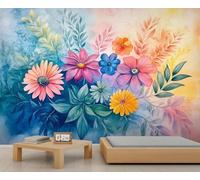Watercolor Florals Mural 1970s Florals Wallpaper Natural Flowers Wall Mural Giant 3D Wallpaper Commercial Scale Coffee Shop Lounge Gallery (Non-self-Adhesive)