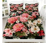 Watercolor Florals Peony Microfibre Fitted Sheet 3 Piece, Bedding Fitted Sheets Extra Deep 30cm Pink Bedding Sets Soft Elasticity Wrinkle Resistant for Single Bed 90x190 cm