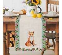 Watercolor Flower Fox on Burlap Table Runner 70 Inches Long,Table Runners Kitchen Dining Tables Decoration for Home Party Decor, Spring Floral Leaves Animal Tables Runner Wedding Dresser Scarf