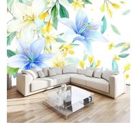Watercolor Flower Lily Plant Leaf Wall Mural Photo Wallpaper, White Non-Woven Feature Wall Decor for Living Room, Bedroom & Study 200 x 140 cm