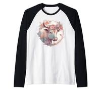 Watercolor Flower Ox Chinese Zodiac Animal Sign Raglan Baseball Tee