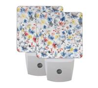 Watercolor Flowers and Berries Night Light 2 Pack Plug in Wall with Dusk to Dawn Sensor Led Lamp for Women Men Night Lights Plug in Wall Decor for Bedroom Kitchen Corridor, 0.5W