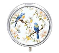 Watercolor Flowers and Birds Pill Box Medicine Pill Organizer 3 Compartment Daily Pill Case Small Pill Container Round Pill Holder Travel Pill Box Metal Pill Case for Purse Pocket