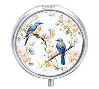 Watercolor Flowers and Birds Pill Case with 3 Compartments - Portable Travel Pill Organizer for Purse, Easy-Open Button Design, Small Round Pillbox Vitamin Holder Organizer for Women Men