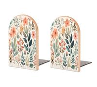 Watercolor Flowers Bookend for Shelves Decorative 1 Pair Modern Wood Book End Universal Economy Bookend with Metal Base Heavy Duty Non-Slip Book Organizer for Home Office