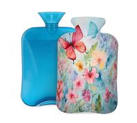 Watercolor Flowers Butterfly Hot Water Bottle with Cover, 2L PVC Hot Water Bag for Pain Relief, Hand Foot Warmer, Hot & Cold Therapy with Removable Cover, Gift for Women Kids Family