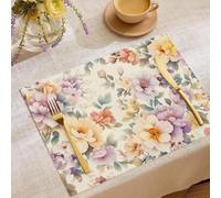 Watercolor Flowers Cotton and linen Placemats Set of4, 30×45cm, Beautiful Peony Non-Slip Washable Heat Resistant Place Mats for Table, Dining, Kitchen, Party, Housewarming Purple Yellow