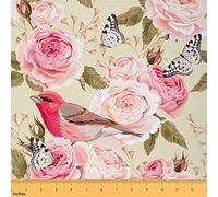 Watercolor Flowers Fabric by The Yard,Nature Botanical Leaves Decorative Fabric for Upholstery and Home DIY Projects,Jungle Birds Butterfly Precut Fabric Squres,Pink,2 Yards