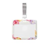 Watercolor Flowers Id Badge Holder with Lanyard-Horizontal Card Protector, Clear Abs Hard Shell for Work Office Events