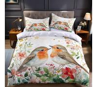 Watercolor Flowers King Size Duvet Set Birds Robin Bedding 230x220 cm Microfiber Quilt Cover with Zipper Closure and 2 Pillowcases Bedding Sets for Men Women Bedroom Decor