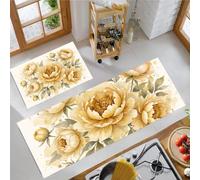 Watercolor Flowers Kitchen Mat Sets Non Slip Washable, Gold Leaf Peony Branches And Leaves Kitchen Rugs Set Of 2 44X75Cm+44X120Cm Anti Fatigue Floor Mat For Home Decoration Office - Pale Yellow