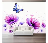 Watercolor Flowers Photo Wallpaper Nursery 200 X 140 Cm Non-Woven Premium Purple Flowers Blue Butterfly Print Fleece Wall Mural Decoration Poster Picture Design Modern for Living Room Bedroom