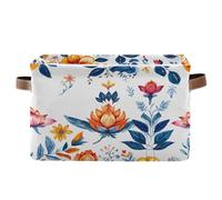 Watercolor Flowers Storage Basket Foldable Canvas Fabric Storage Bin Waterproof Closet Organiser Baby Basket Holiday Decorative Box with Handles for Bedroom Nursery Home