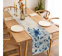 Watercolor Flowers Table Runner 13x36 inch Blue Flower Plants Nature Linen Texture Cotton Linen Dining Table Runner Ideal for Dresser Kitchen Coffee Tables - Machine Washable