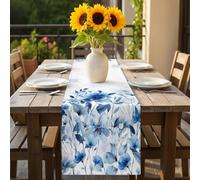 Watercolor Flowers Table Runner 16x72 inch Blue Flower Plants Nature Cotton Linen Dining Table Runner Ideal for Dresser Kitchen Coffee Tables - Machine Washable