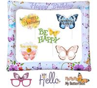 Watercolor Flying Butterfly Birthday Inflatable Selfie Photo Frame & Photobooth Props Set for Pictures Floral Butterfly Selfie Props Beautiful Butterflies Photo Frame for Birthday Baby Shower