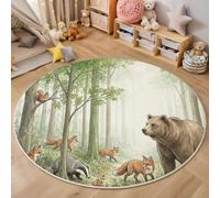 Watercolor Forest Animals Rug for Living Room - Round 180cm | Brown Bear Fox Badger Washable Circle Area Rugs for Bedroom, Non Slip Soft Low Pile Circular Carpet for Kids Bedroom Reading Corner
