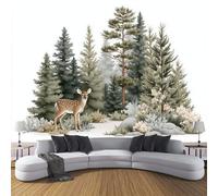 Watercolor Forest Animals Wall Mural, Deer Pine Trees Print Photo Wallpaper, Non-Woven Green Wall Mural Decoration Poster Picture Design, for Living Room Bedroom TV Backdrop 300 x 210 cm