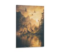 Watercolor Forest Dinosaur Canvas Wall Art, Rustic Mountain River Animals Picture Painting on Canvas, Print Poster Decoration Artwork for Home Living Room Bedroom Wall Decor Frame 08x12inch(20x30cm)