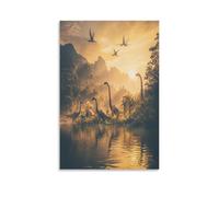 Watercolor Forest Dinosaur Canvas Wall Art, Rustic Mountain River Animals Picture Painting on Canvas, Print Poster Decoration Artwork for Home Living Room Bedroom Wall Decor Unframe 20x30inch(50x75cm)